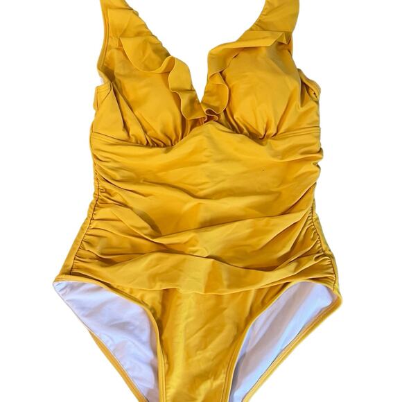 DKNY Swimsuit Womens Size 14 Yellow One Piece Ruching Straps Ruffles Designer - Picture 8 of 11